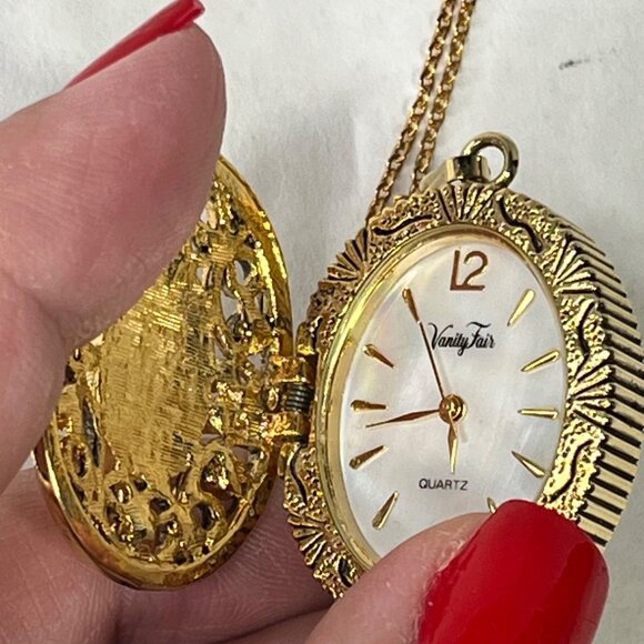 Vintage Vanity Fair Gold Tone Oval Locket Watch Necklace With Rhinestones - Picture 3 of 7